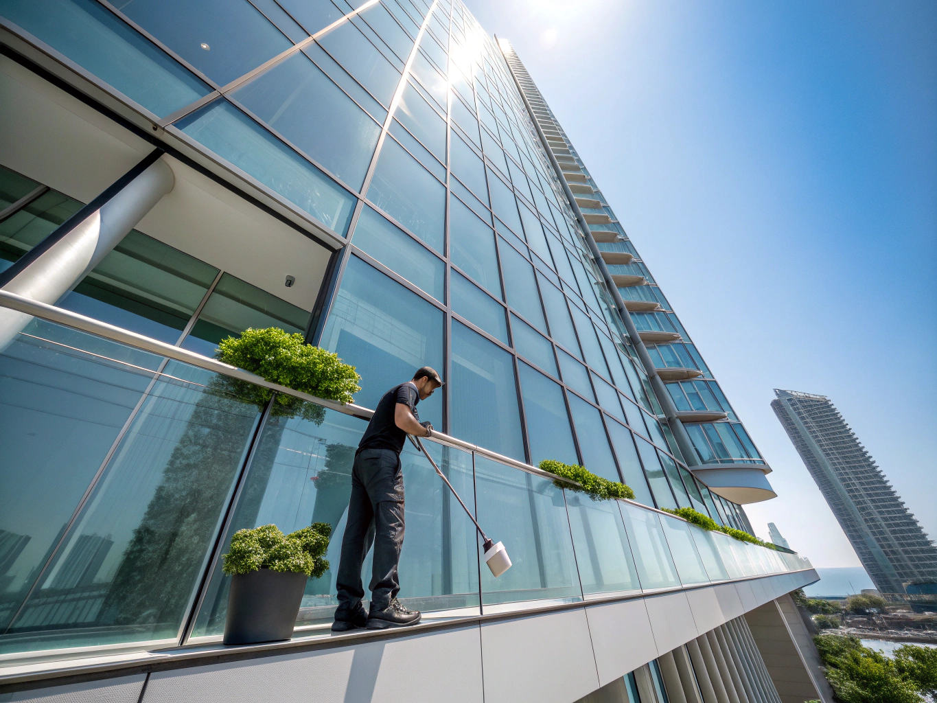 Shining commercial building windows after service