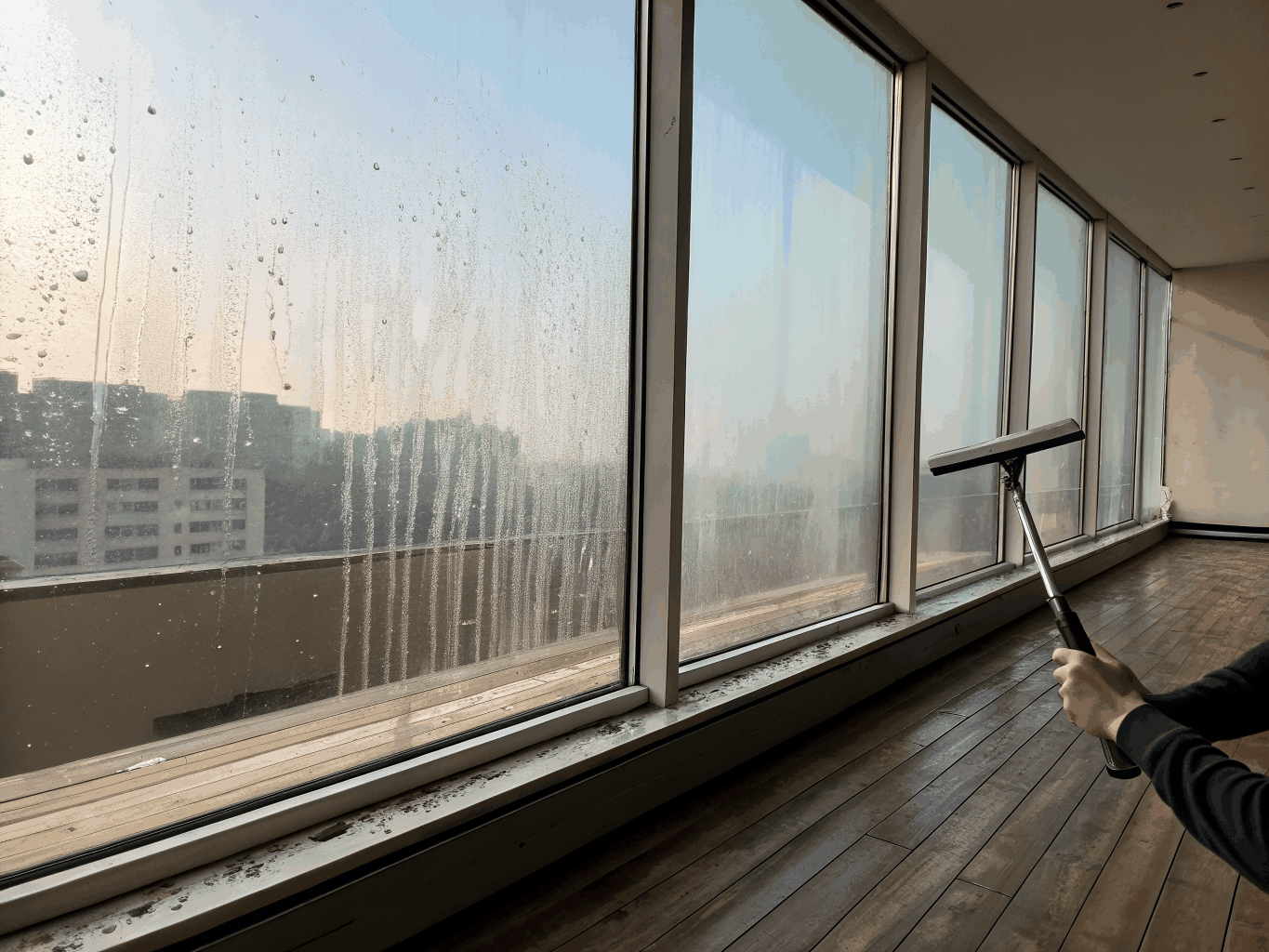 Grime covered window frames and screens